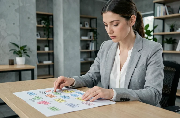 Femme professionnelle analysant un plan de site imprimé sur un bureau en bois dans un bureau moderne