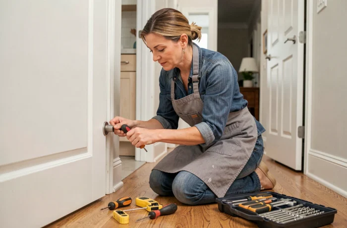 Femme en tablier de travail installant une poignée de porte avec un tournevis dans un couloir de maison, symbolisant l'autonomie en bricolage