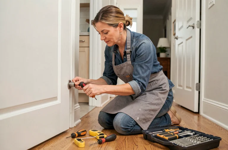 Femme en tablier de travail installant une poignée de porte avec un tournevis dans un couloir de maison, symbolisant l'autonomie en bricolage