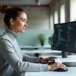 Femme professionnelle utilisant un ordinateur portable ultrabook et un double écran dans un bureau moderne pour booster sa productivité