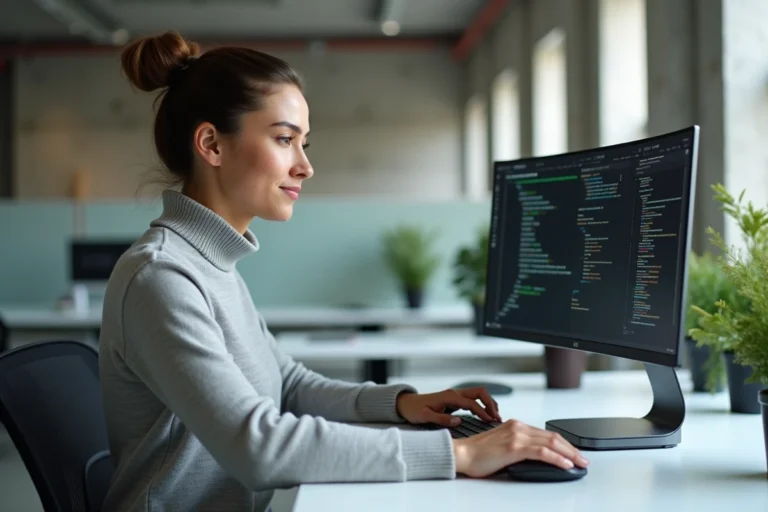 Femme professionnelle utilisant un ordinateur portable ultrabook et un double écran dans un bureau moderne pour booster sa productivité