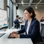 Femme cadre analysant des tableaux de bord numériques sur un grand écran incurvé dans un bureau moderne et lumineux