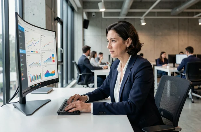 Femme cadre analysant des tableaux de bord numériques sur un grand écran incurvé dans un bureau moderne et lumineux