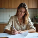 Femme consultant des fiches de paie et calculant son éligibilité à la prime d'activité dans une cuisine d'appartement modeste