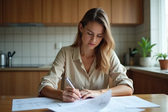 Femme consultant des fiches de paie et calculant son éligibilité à la prime d'activité dans une cuisine d'appartement modeste