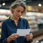 Femme tenant un chèque différé Leclerc à la caisse d'un hypermarché en 2026