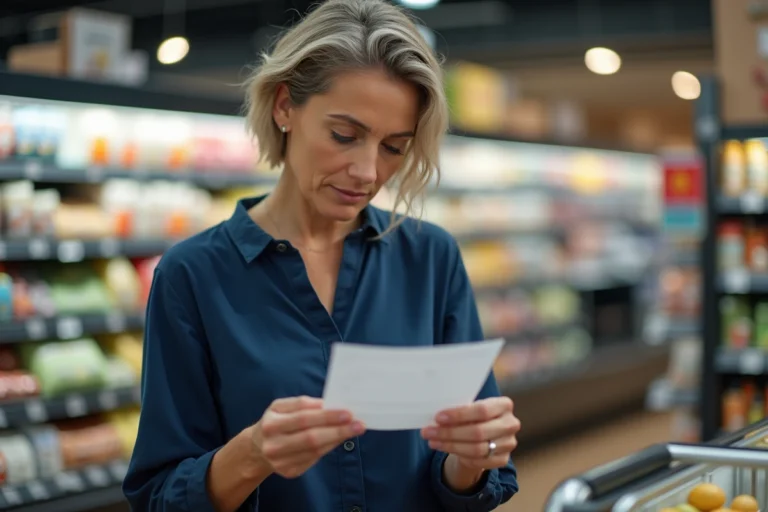 Femme tenant un chèque différé Leclerc à la caisse d'un hypermarché en 2026