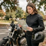 Femme débutante en moto consultant une carte routière à côté de sa moto, équipée d'une veste de protection textile noire dans une rue résidentielle arborée