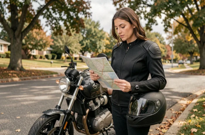 Femme débutante en moto consultant une carte routière à côté de sa moto, équipée d'une veste de protection textile noire dans une rue résidentielle arborée