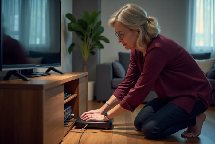 Femme inspectant les câbles d'un décodeur Orange pour résoudre le code erreur S01-06