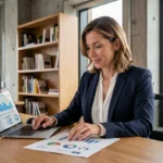 Femme entrepreneur analysant des ressources et graphiques de croissance business dans un espace de coworking moderne