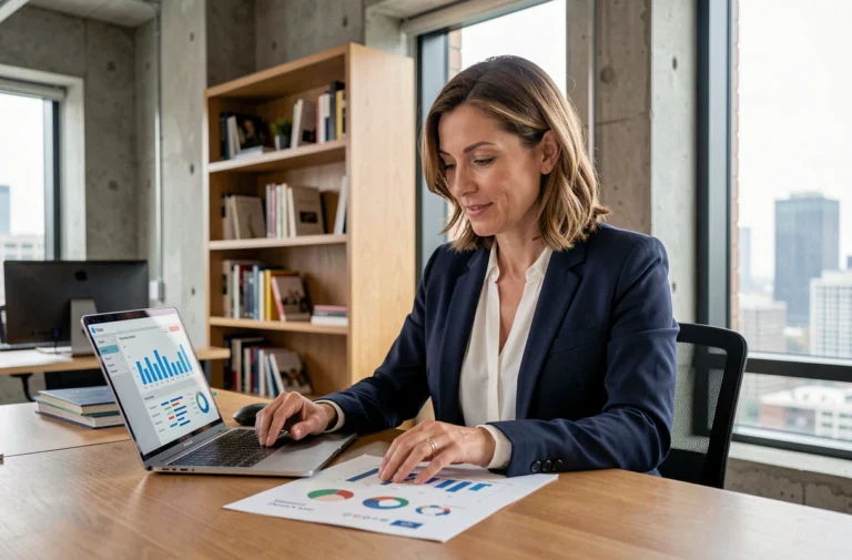 Femme entrepreneur analysant des ressources et graphiques de croissance business dans un espace de coworking moderne