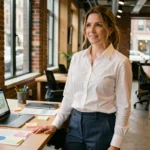 Femme entrepreneuse debout dans un espace de coworking moderne, entourée de plans d'affaires et d'un ordinateur portable affichant des graphiques