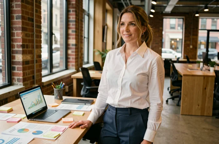 Femme entrepreneuse debout dans un espace de coworking moderne, entourée de plans d'affaires et d'un ordinateur portable affichant des graphiques