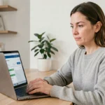 Femme consultant son espace client bancaire en ligne sur un ordinateur portable dans un bureau à domicile moderne