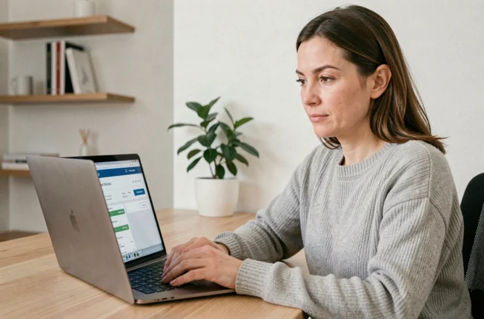 Femme consultant son espace client bancaire en ligne sur un ordinateur portable dans un bureau à domicile moderne