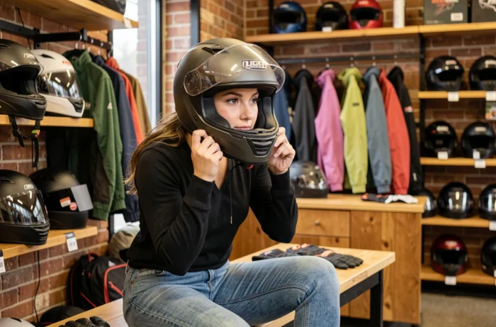 Jeune femme essayant un casque de moto dans un magasin d'équipements, ajustant la jugulaire entourée de casques et de gants exposés en rayon
