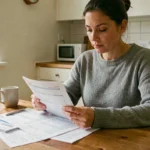 Femme consultant son budget et ses relevés bancaires à la table de cuisine pour optimiser sa gestion financière quotidienne