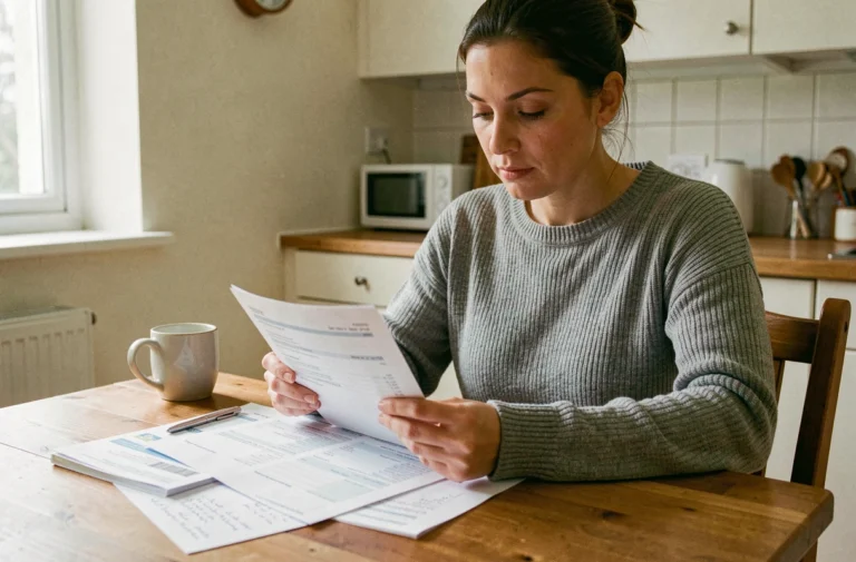 Femme consultant son budget et ses relevés bancaires à la table de cuisine pour optimiser sa gestion financière quotidienne