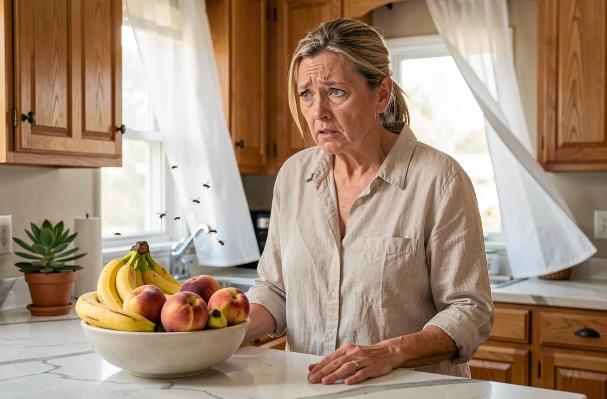 Femme inquiète observant des mouches autour d'un bol de fruits trop mûrs dans sa cuisine
