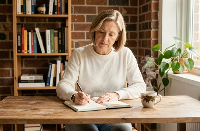 Femme écrivant dans un journal de bien-être avec une tisane pour prendre soin de sa santé mentale au quotidien