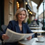 Femme lisant un journal français en terrasse d'un café parisien, ambiance actualité et analyse politique
