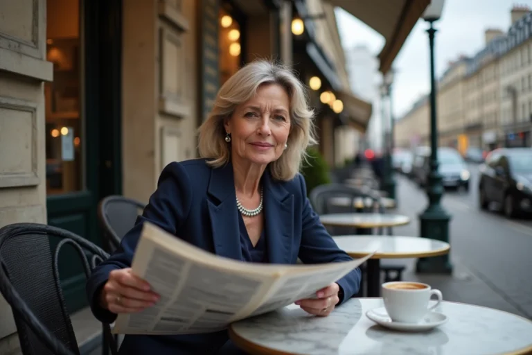Femme lisant un journal français en terrasse d'un café parisien, ambiance actualité et analyse politique