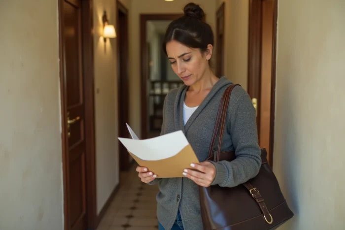 Une femme dans un couloir d'immeuble résidentiel lit une lettre de mise en demeure dans le cadre d'une procédure d'expulsion d'un hébergé à titre gratuit