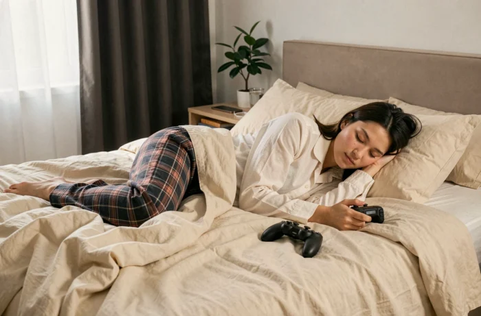 Jeune femme somnolente dans son lit avec une manette de jeu vidéo, illustrant la difficulté à s'endormir après avoir joué