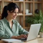 Femme naviguant sur un site de mode depuis son bureau à domicile, illustrant la navigation intuitive d'un plan de site