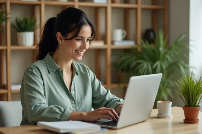 Femme naviguant sur un site de mode depuis son bureau à domicile, illustrant la navigation intuitive d'un plan de site