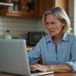 Femme d'âge moyen frustrée devant un écran d'erreur de connexion FranceConnect sur un ordinateur portable dans une cuisine française