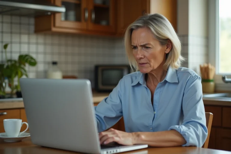 Femme d'âge moyen frustrée devant un écran d'erreur de connexion FranceConnect sur un ordinateur portable dans une cuisine française