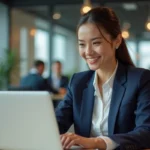 Femme professionnelle optimisant son profil LinkedIn sur un ordinateur portable dans un bureau moderne