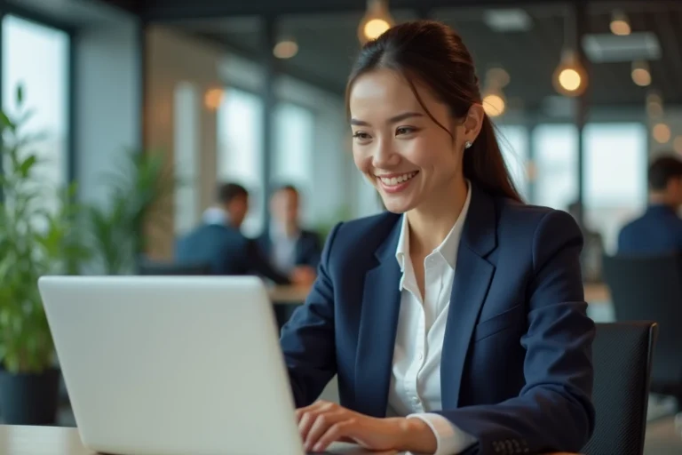 Femme professionnelle optimisant son profil LinkedIn sur un ordinateur portable dans un bureau moderne