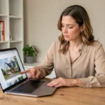 Femme consultant le plan du site d'une agence immobilière sur un ordinateur portable dans un bureau à domicile organisé