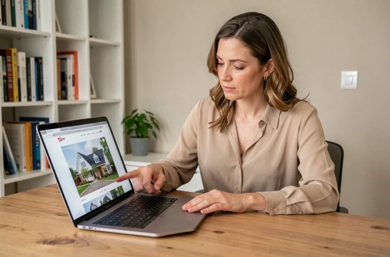 Femme consultant le plan du site d'une agence immobilière sur un ordinateur portable dans un bureau à domicile organisé
