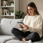 Femme faisant du shopping en ligne sur une tablette depuis son canapé, habillée d'un pull en maille crème, dans un salon moderne et épuré