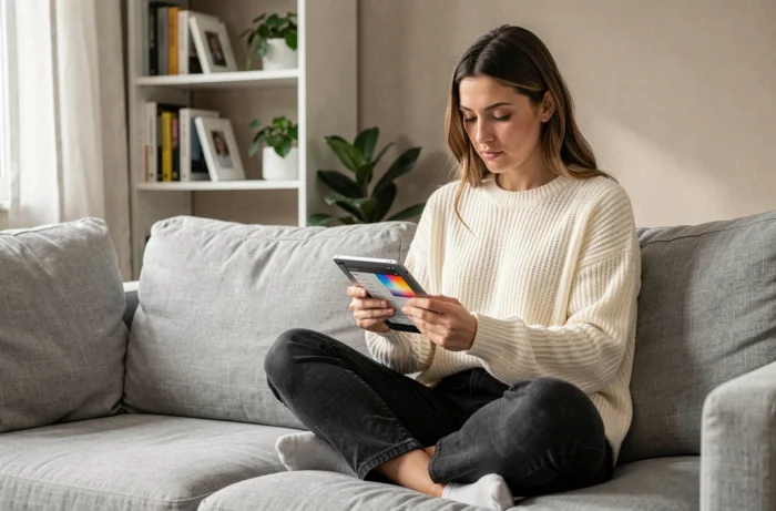 Femme faisant du shopping en ligne sur une tablette depuis son canapé, habillée d'un pull en maille crème, dans un salon moderne et épuré