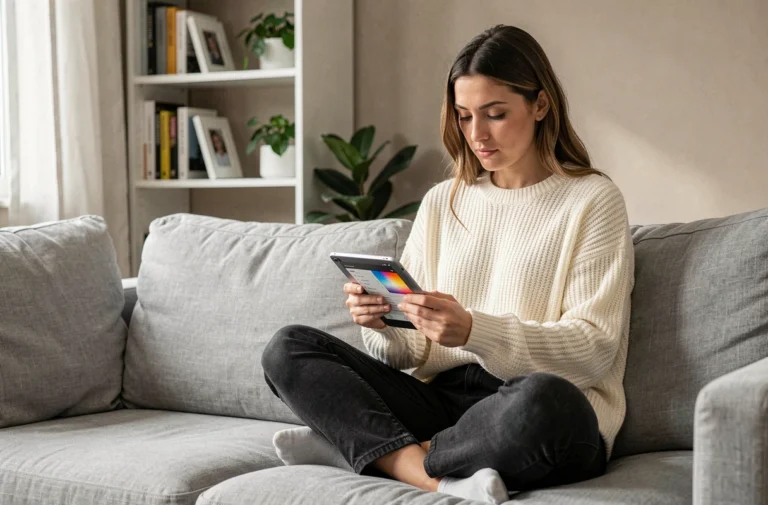 Femme faisant du shopping en ligne sur une tablette depuis son canapé, habillée d'un pull en maille crème, dans un salon moderne et épuré