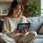 Jeune femme naviguant sur un site de streaming en ligne depuis une tablette dans un salon moderne et minimaliste