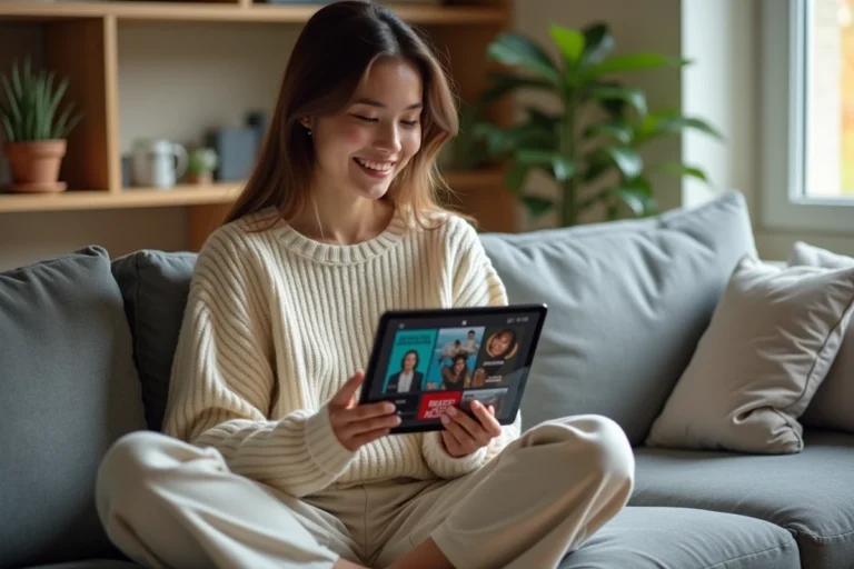Jeune femme naviguant sur un site de streaming en ligne depuis une tablette dans un salon moderne et minimaliste