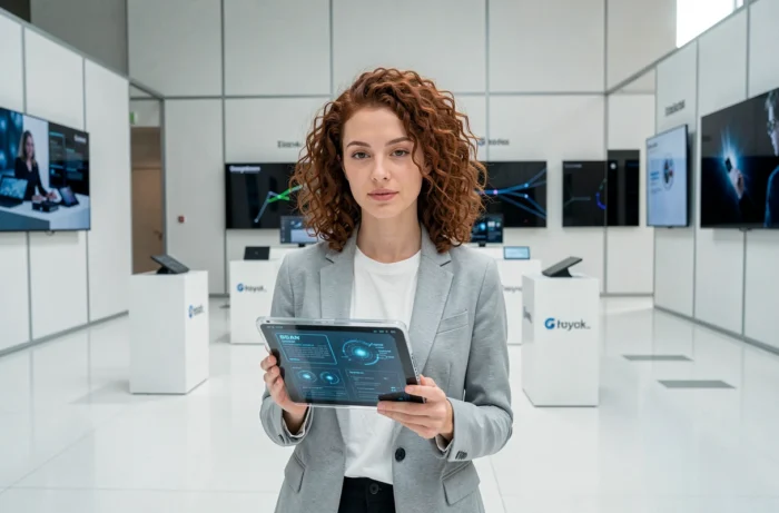 Femme présentant une tablette OLED transparente lors d'une exposition de technologies innovantes