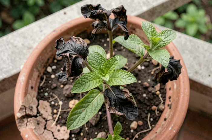 Gros plan sur les feuilles noircies et abîmées d'une plante de menthe en pot vue du dessus