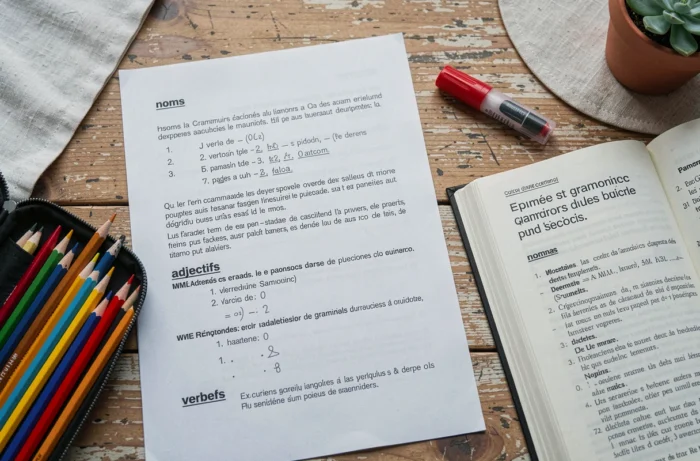 Fiche d'exercices imprimée sur les classes grammaticales posée sur un bureau d'élève de 6ème avec des fournitures scolaires