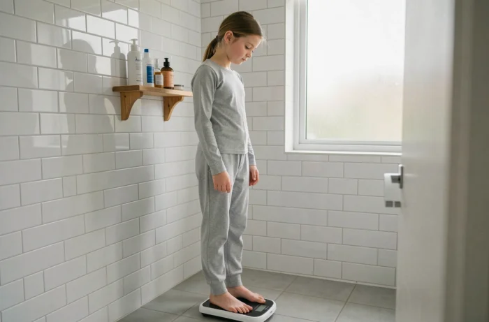 Jeune fille de 13 ans se pesant sur une balance dans une salle de bain domestique, regard vers le bas