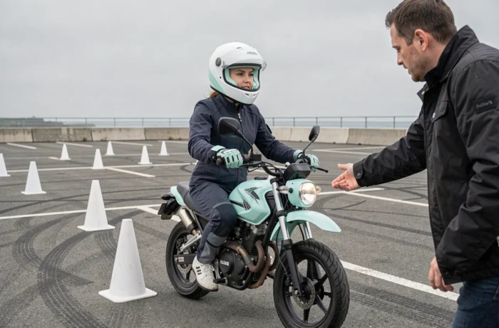 Femme débutante en moto lors d'une séance de formation pratique dans un parking avec des cônes, accompagnée d'un instructeur montrant les commandes