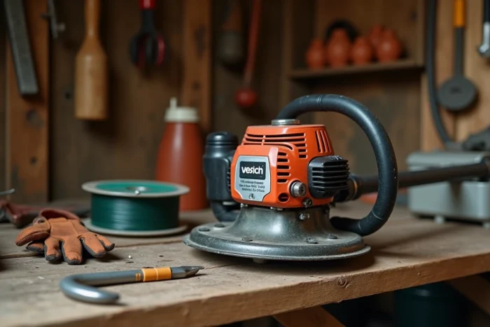 Gros plan sur la tête d'un coupe-bordures thermique posée sur un établi de jardin avec accessoires