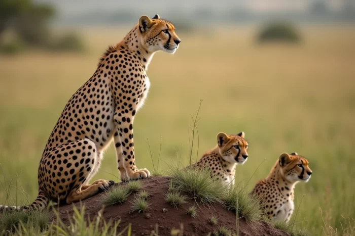 Guépard femelle en alerte sur une termitière dans la savane tanzanienne avec ses deux petits à l'ombre