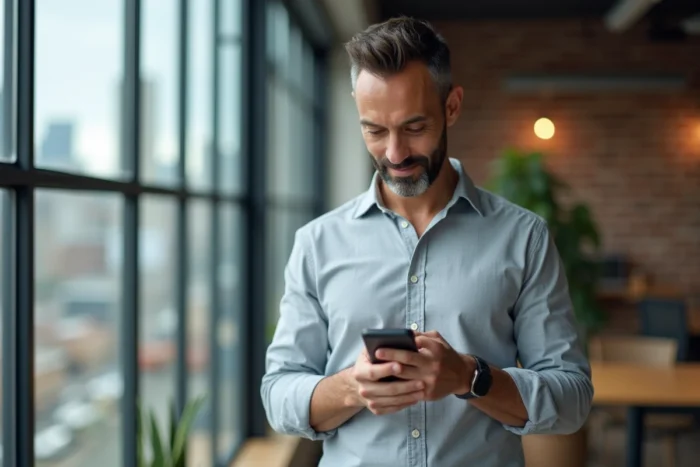 Homme d'affaires consultant son profil LinkedIn sur smartphone dans un espace de coworking avec vue urbaine